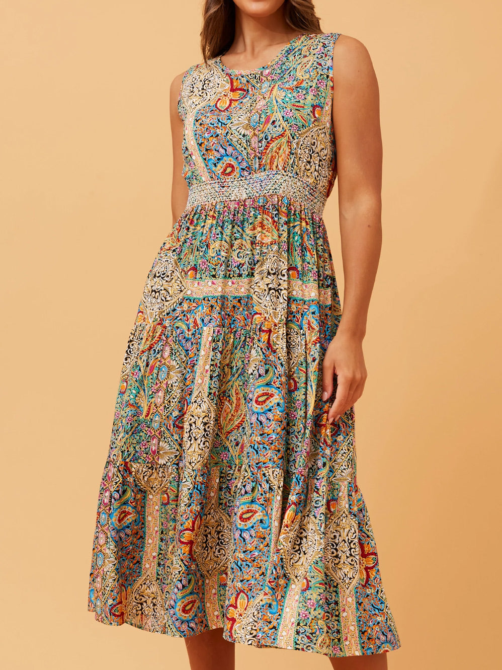 CAROLINE K MORGAN BOHO PRINT MIDI DRESS