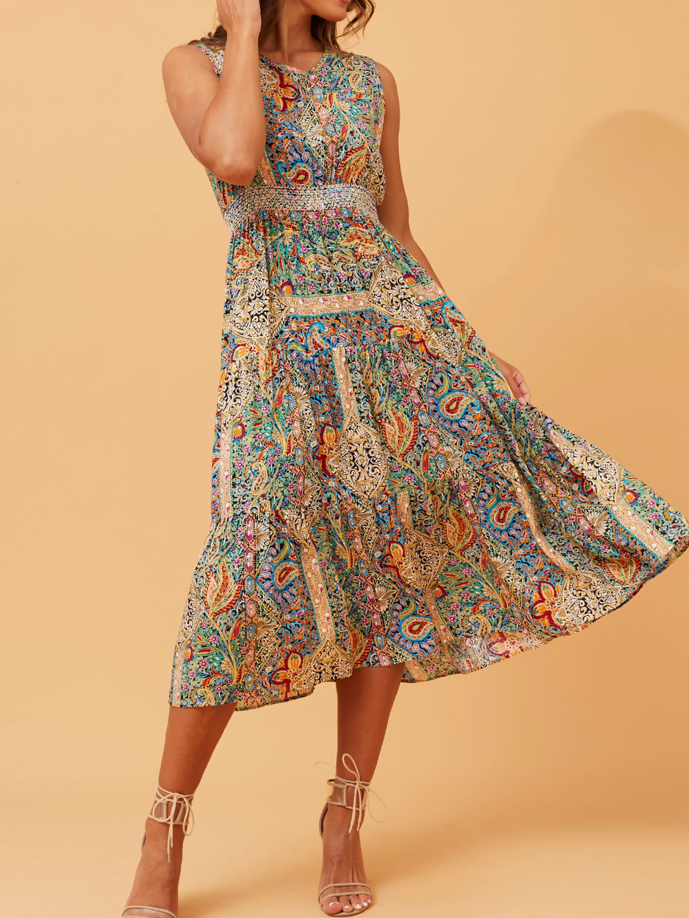 CAROLINE K MORGAN BOHO PRINT MIDI DRESS Yeltuor