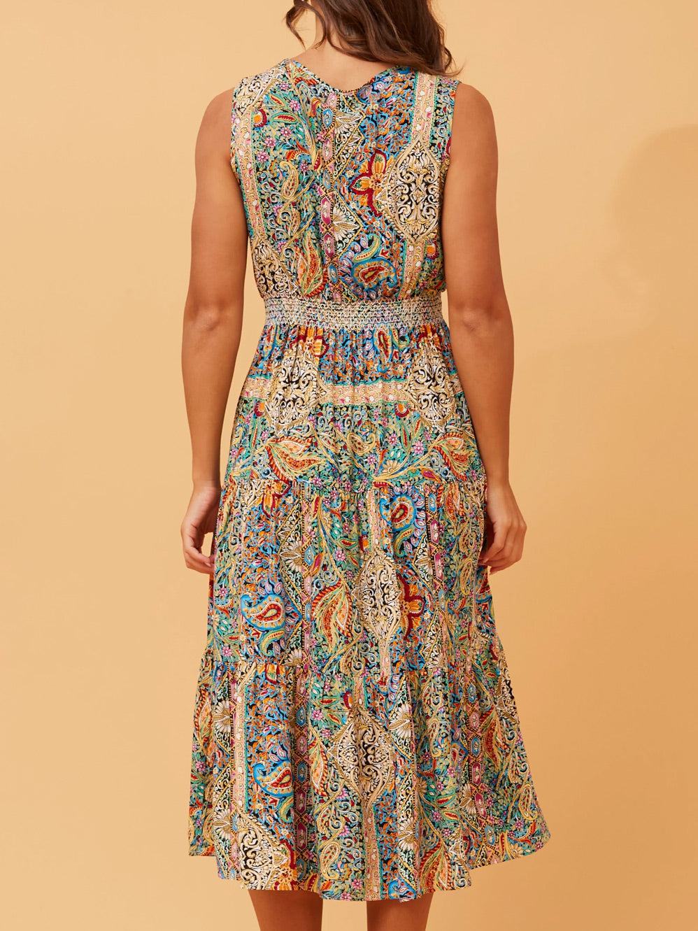 CAROLINE K MORGAN BOHO PRINT MIDI DRESS