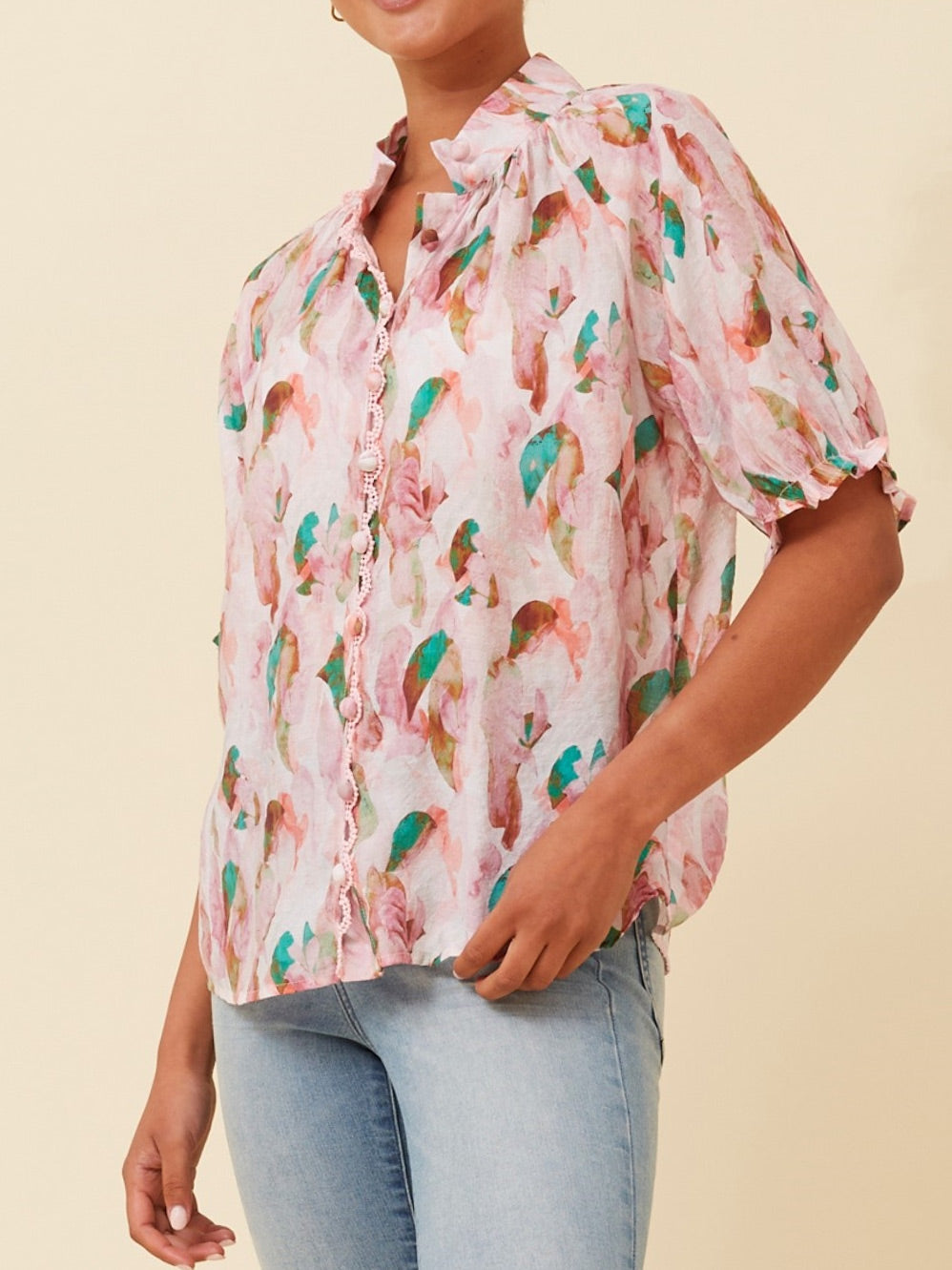 CAROLINE K MORGAN PUFF PRINTED BLOUSE