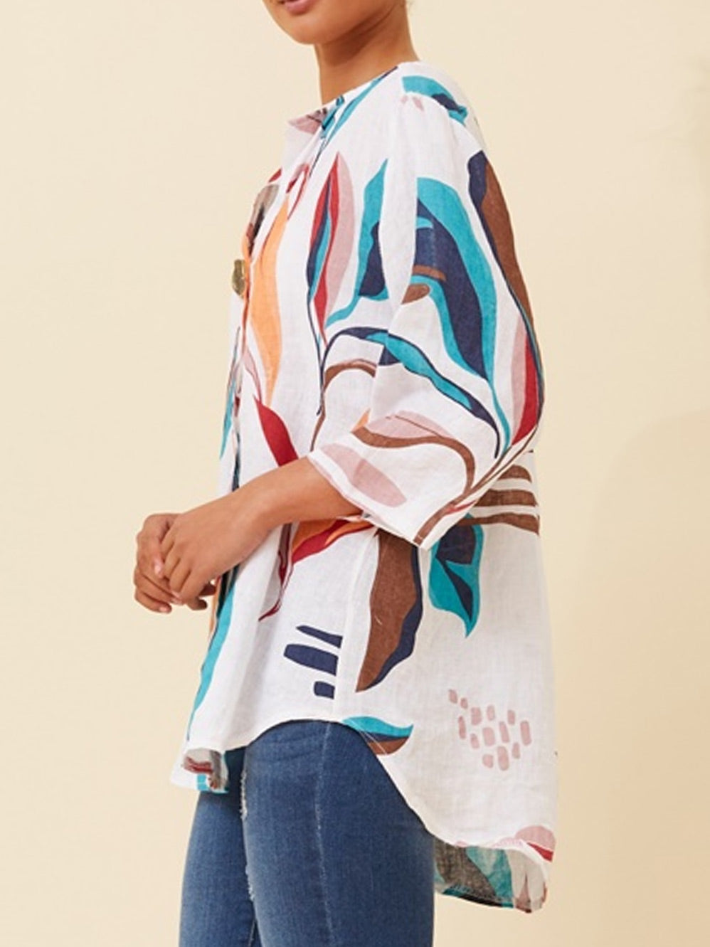 BOTTEGA MODA 3/4 ROLL UP SLEEVE PRINTED LINEN TOP