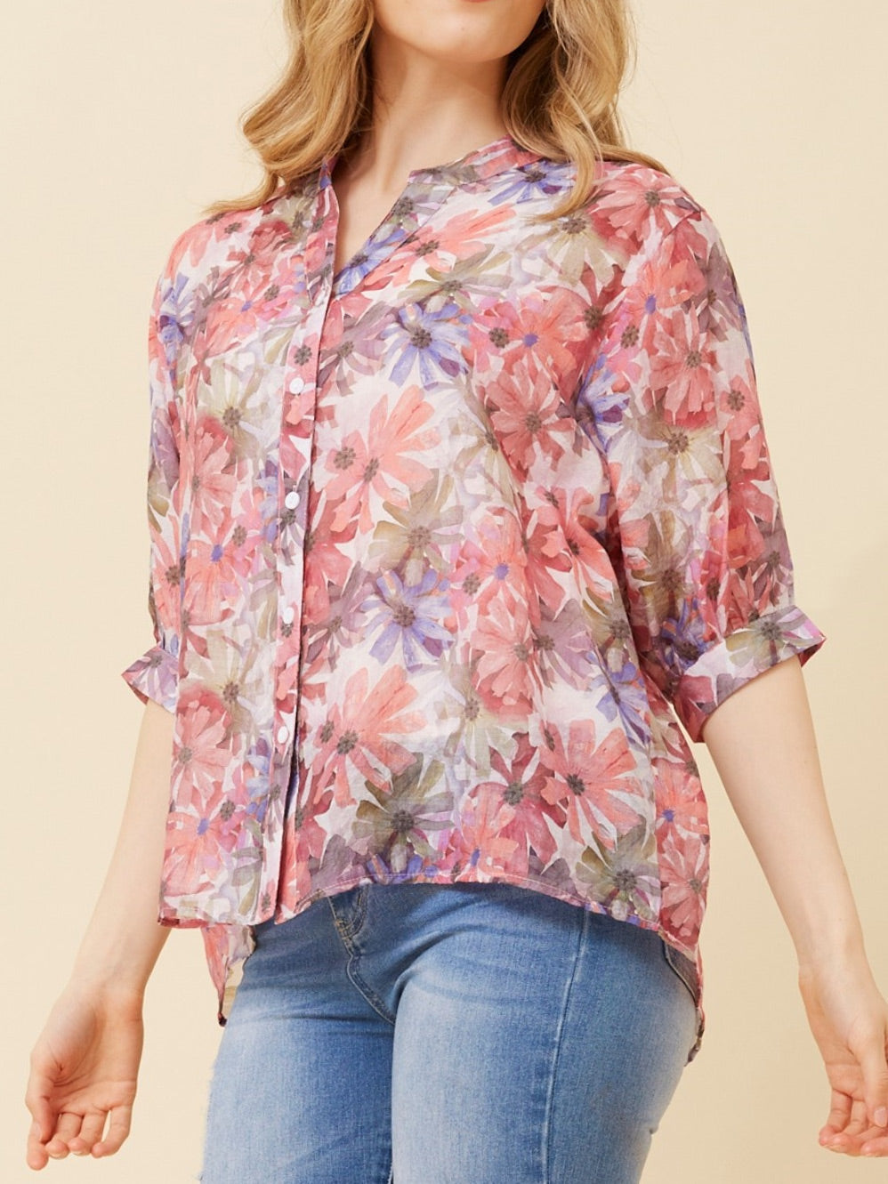 CAROLINE K MORGAN 3/4 SLEEVE PRINT SHIRT