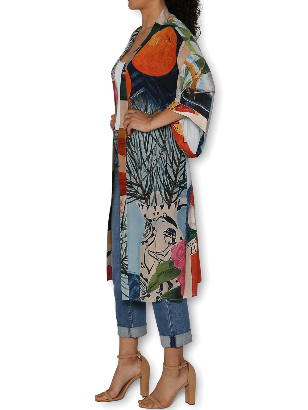 THE ARTISTS LABEL A SLICE OF LIFE ON BLUE LONG SILK KIMONO